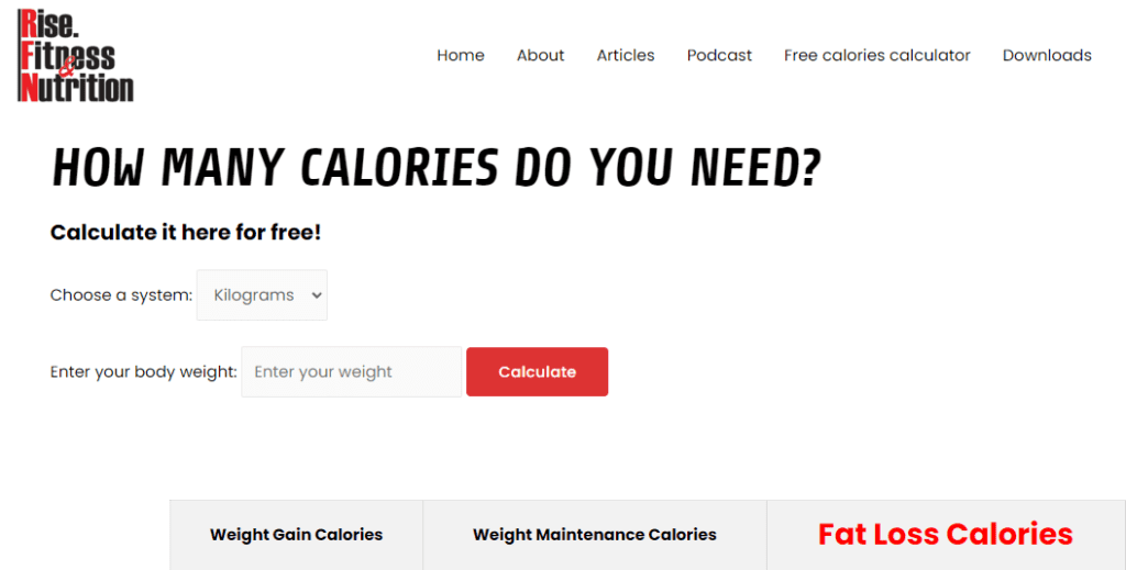 free calories calculator on www.risefitnessnutrition.com/calories for fat loss plateau