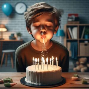 kid spitting on birthday cake