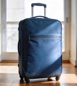 a 7kg blue suitcase on the floor of a room